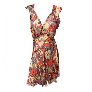 REBECCA TAYLOR Floral Silk Chiffon See-Through Tie-Waist Flutter V-Neck Dress